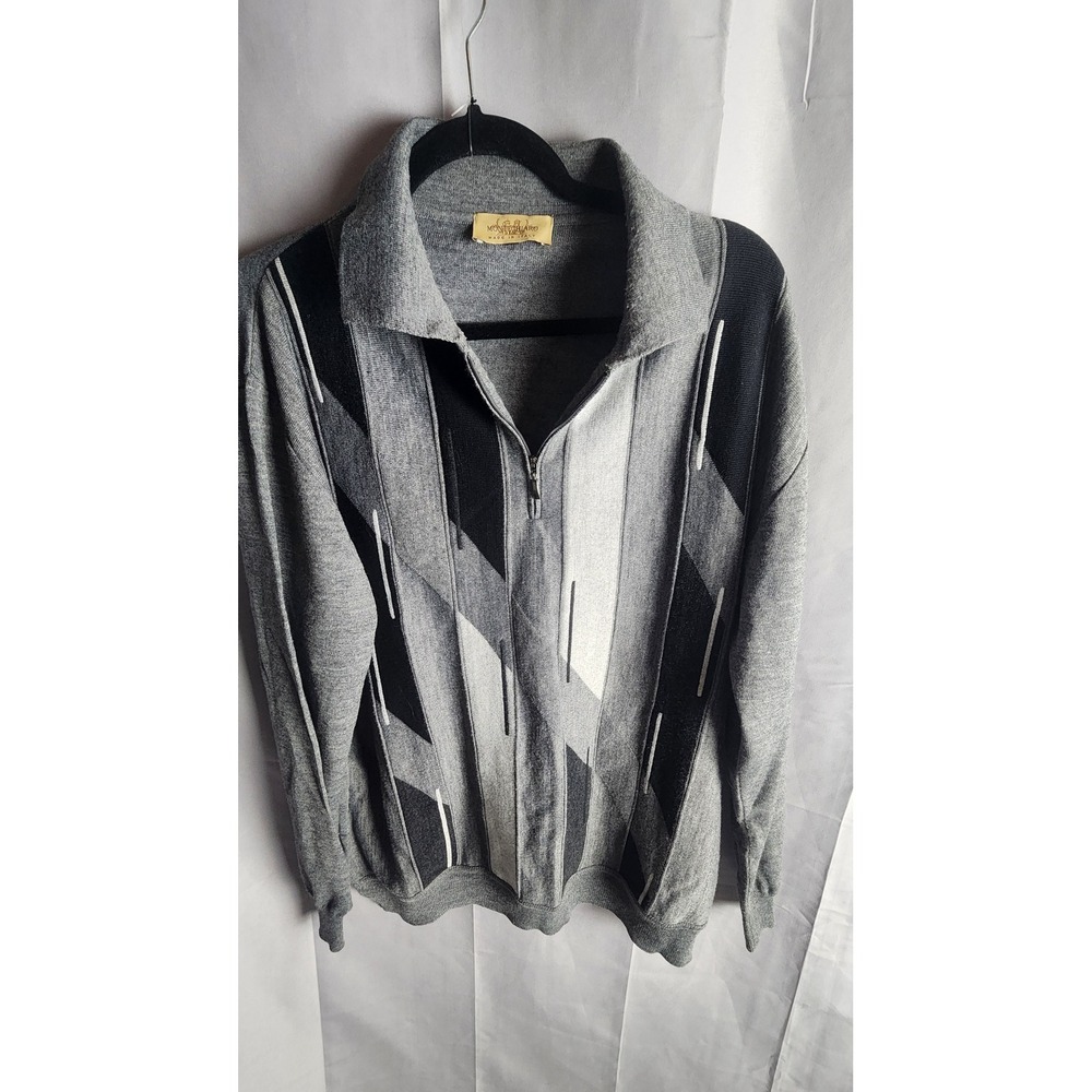 Montechiaro Italy Mens Quarter Zip Grey Geometric Virgin Wool Vintage Grandpa